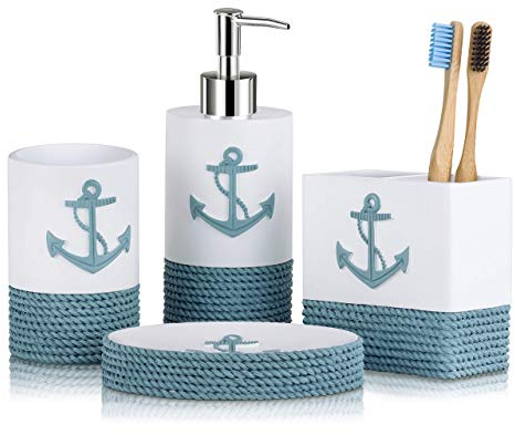 Tide and Tales Nautical Bathroom Decor 4 Piece Bathroom Accessories Set | Rope and Anchor Bathroom Decor with Ocean and Sea Theme | Coastal Bathroom Soap Dispenser Set | Beach Bathroom Decor