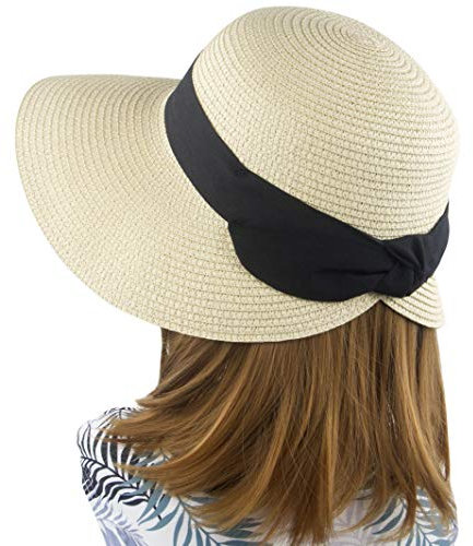 Chapeau de soleil pour femme à large bord pliable en paille - Beige - Taille unique