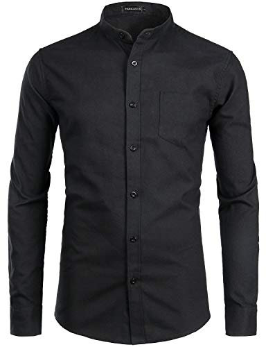 PARKLEES Mens Hipster Design Grandad Collar Oxford Shirt Slim Fit Long Sleeve Casual Button Down Dress Shirts with Pocket Black M