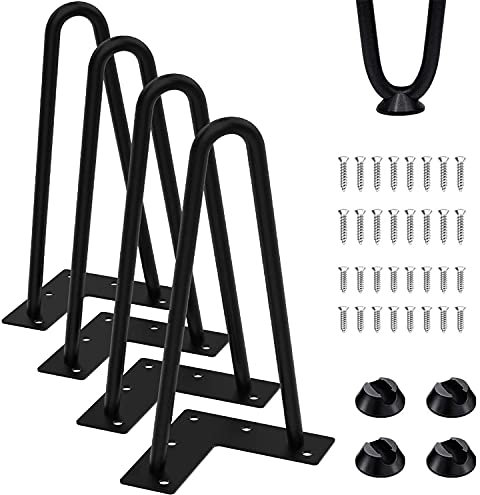 Thanaddo Pieds de meubles en épingle à cheveux de 30 cm avec 2 tailles de vis et 4 protections de sol en acier massif robuste à 2 tiges pour armoire, banc, chaise, table basse, bureau, noir