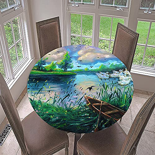 Morbuy Rund Tischdecke Elastisch, 3D Gemälde Rund Tischdecken Wasserdicht Lotuseffekt Abwaschbar Abwischbar Tischtuch für Dekoration Küchentisch Garten Outdoor (Durchmesser 90cm,See)