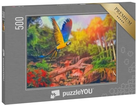 puzzleYOU: Puzzle 500 Teile „im Kunst-Stil von Franz Marc - Ara-Papagei im tropischen Regenwald - Puzzle-Kollektion Künstler & Gemälde“