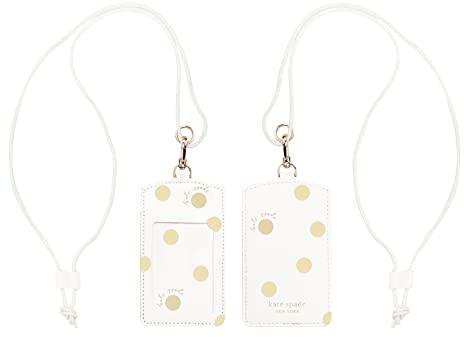 Kate Spade New York ID Badge Holder with Lanyard, Vegan Leather Name Tag Case with Clear Window and Card Slot for Work/School/Travel, Gold Dot with Script
