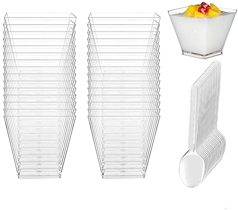 Vasitos Plastico para Postres, 50 Piezas Cuencos Plastico, 60 ml Reutilizable Transparente Vasos para Postres,con Cuchara Adecuado para Festivales Cumpleaños Bodas Picnics Fiestas de Postres