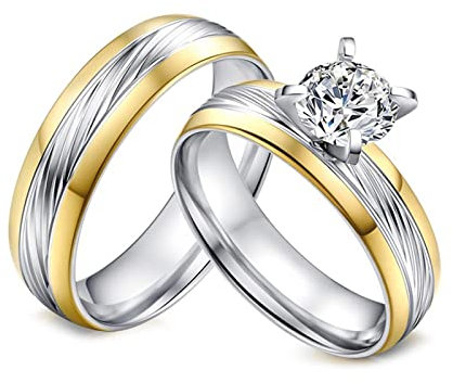 KnSam 2Pcs Verlobungsring Damen 6MM, Edelstahl Partnerringe Zweifarbig mit Zirkonia für Frauen Männer, Silber Gold, Damen Gr.49 (15.6) & Herren Gr.54 (17.2)