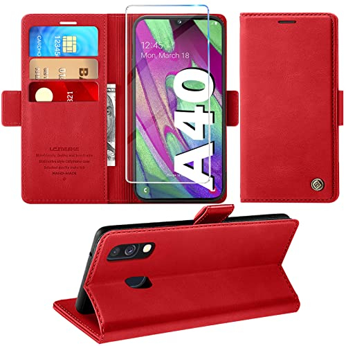 Handyhülle für Samsung Galaxy A40 Hülle mit Schutzfolie, Standfunktion Kartenfach Wallet Premium Leder Schutzhülle A40 Flip Case Cover Stoßfeste Klapphülle A40 5.9 Zoll (Rot)