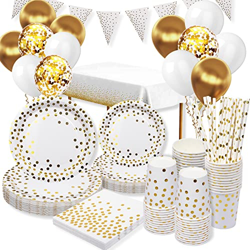 Partygeschirr Set Weiß und Gold, 25 Gäste Pappteller Geschirr mit Ballon, Servietten, Papierbecher, Stroh, Tischdecke für Kindergeburtstag Geburtstag Hochzeit Dekoration, 140 Stück