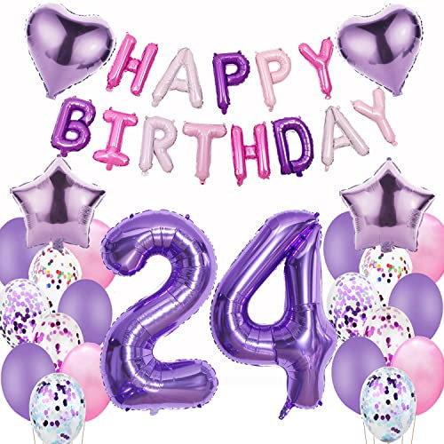 Globos de 24 cumpleaños para mujer, color lila, 24 años, decoración de cumpleaños, para mujer, Happy Birthday 24, decoración de cumpleaños