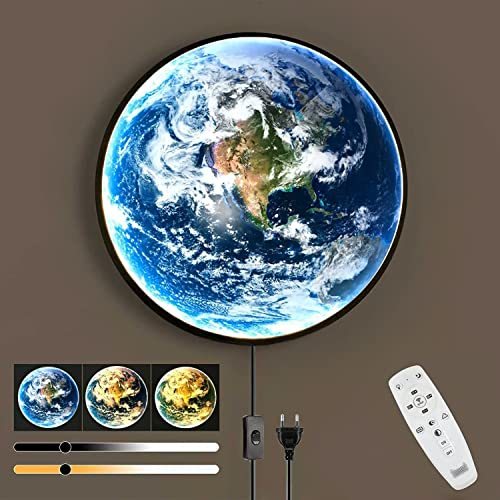 LED Wandleuchte Erde Dimmbar Modern Wandlampe mit Schalter und Stecker Nachttischlampe mit Kabel 3D Erd Mond Lampe Art Deco Wohnzimmerlampe Nachtlicht Modus Schlafzimmer Deko Wandbeleuchtung,50cm