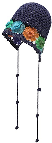 ZLYC Women Baumwolle Strickmütze Handgemacht Gehäkelter Strick Sommer Blumens Mütze(Geflecht Blumen Marine)