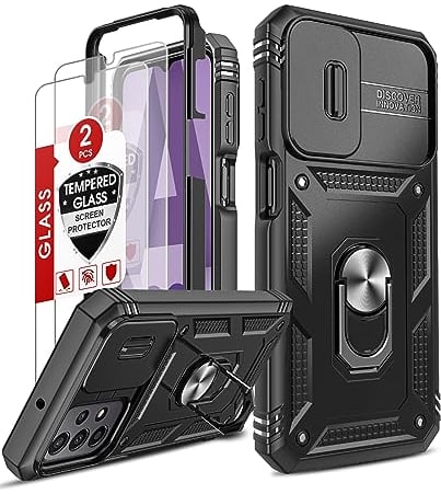 LeYi for Samsung Galaxy A23 5G Phone Case with Camera Cover Slider, Full Body Armour Military Shockproof Cover, 2 Pack Tempered Glass Screen Protector, Ring Stand Holder for A 23 5G/4G Black