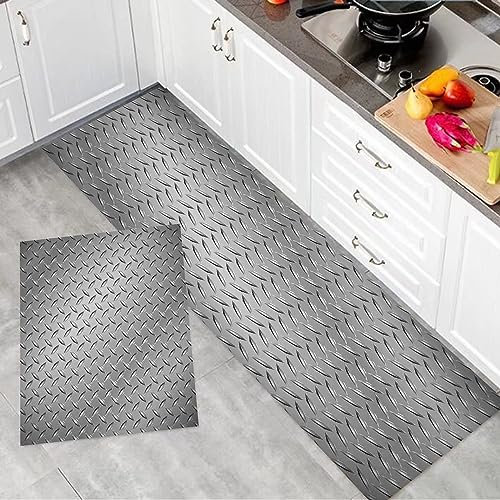 2 Stück Küchenmatte Waschbar rutschfest Küchenmatte,Graues Drahtzaun-Design-Netzdisplay mit Diamantplatteneffekten Chrom-Kitsch,Teppiche Mit Staubdicht Für Küche Wohnzimmer, Esszimmer (45x70+45x120cm)