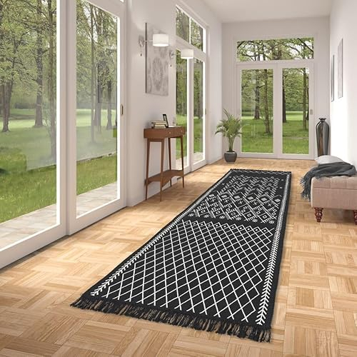 Pergamon Läufer Beidseitig Teppich Ethno Kelim Schwarz Weiss, Teppich Läufer, Küchenläufer, Teppich Pflegeleicht und Waschbar in 5 Größen