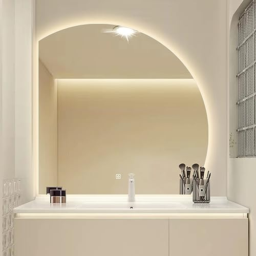 Mode Halbkreis LED Wandspiegel Für Badezimmer,Geformter Eitelkeitsspiegel,Unregelmäßiger Rahmenloser Smart Touch Spiegel,Dreifarbiges Licht,Helligkeit Einstellbar,(Size:80cm,Color:Linker Unterschnitt)