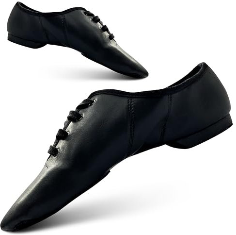 SLIX Essential Suede Lace Up Black Jazz Shoes Full Suede Split Sole with Extra Toe Patch PU Leather Jazz Shoes Dance Shoes for Women and Girls, Wildlederball-Gummi-Ferse, 39 1/3 EU