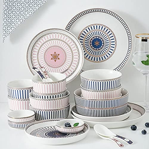 OrLtL Set di stoviglie da 12 Pezzi, Set da tavola in Ceramica Rosa e Blu, Set di stoviglie a Righe Inglesi, Combinazione Completa di Porcellana