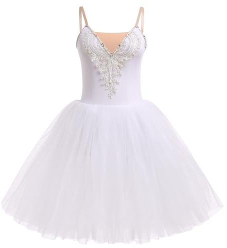 Ballet Leotard for Women Swan Lake Costume Floral Print Professional Ballerina Tulle Tutu Dance Dress Adult Camisole Maxi Skirt Competition White L