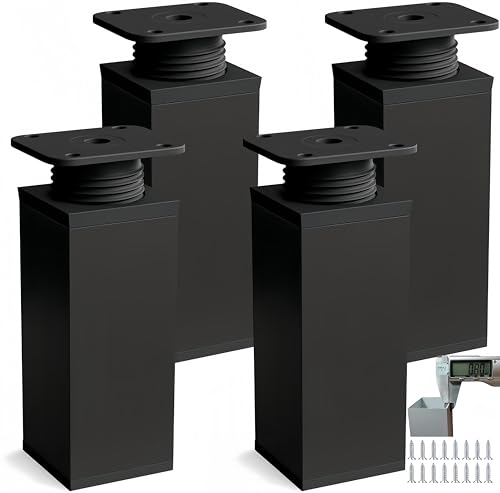 PUTOAHAO 4 Pied de Meuble,Pieds de Meuble Aluminium,Pied Meuble Carre 40X40 mm,Pied Reglable pour Meuble,Pied de Meuble Reglable,Pieds pour de Meuble Cuisine Armoires Table Réglables(Noir, 15 cm)
