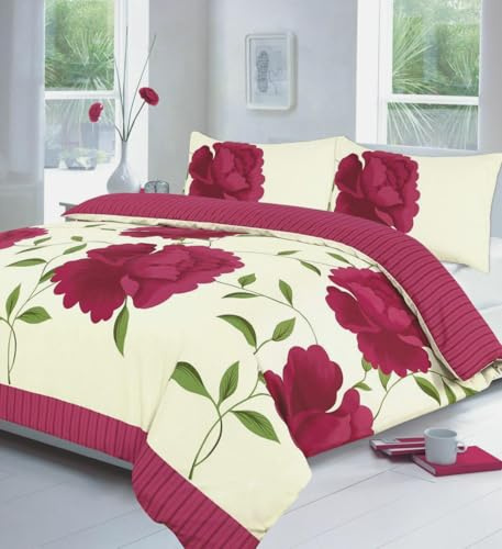 Bluemoon Bedding Rosaleen Duvet Cover Set Floral Reversible Bedding Set With Pillowcase (Fuchsia, Double)