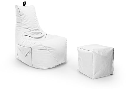 Nadimaideal Gamer Sitzsack Komfort XL - XXL für Kinder, Teenager & Erwachsene | Indoor & Outdoor | Sitzsack Gaming | Füllung EPS Perlen (Weiß, Sitzsack XL mit Hocker)