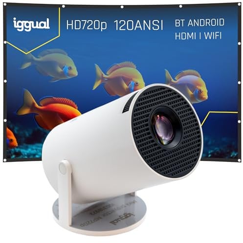 Iggual – Proyector Portátil con Pantalla 100”, Mini Proyector MP720p con Android TV, HDMI, WiFi y Bluetooth 5.0, Proyector de 120 Lúmenes ANSI con Corrección Vertical, Giro 180º y Altavoz Interno.