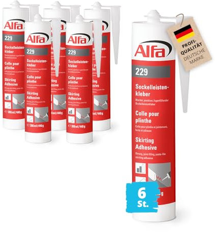 6x Alfa Sockelleistenkleber 300ml/440g weißer Montagekleber mit hoher Anfangshaftung zur Befestigung von Sockelleisten