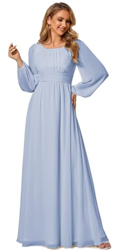 Ever-Pretty Damen Abendkleid Lang Elegant Maxi Hochzeit Lange Ärmel Chiffon Brautjungfernkleider Ballkleid Eisblau 38
