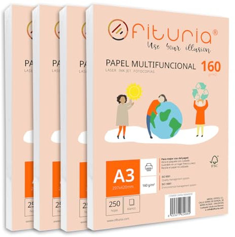 Packung mit 1000 weißen DIN A3 Blättern, 160g Druckerpapier. Multifunktionales Kopierpapier für Schule und Büro. Ideal für Laserdrucker, Tintenstrahldrucker oder Kopierer – Ofituria