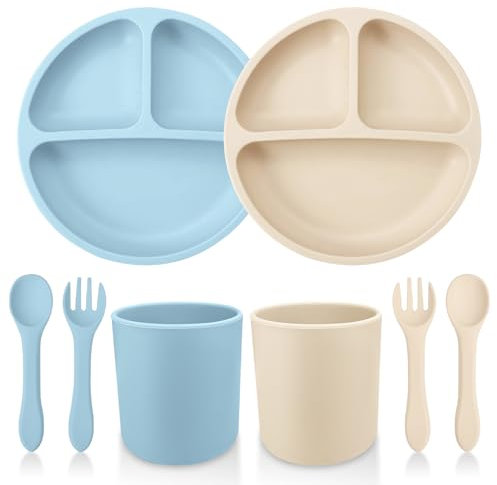 CUBTEM Vaisselle Bebe,Lot de 8 Set Repas BéBé,2 Assiettes Ventouse Pour BéBé,2 Cuilleres Bebe,2 Fourchettes et 2 Gobelets Bebe,Ensemble D'alimentation pour Bébé en Silicone