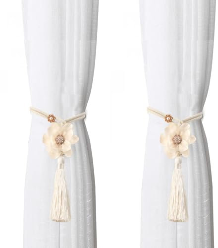 Cordons De Rideaux 2 Pièces Cravate De Rideaux, Boucle De Rideau Fleur, Embrasse pour Rideaux Corde, Embrasse Rideau Coton Faite À La Main, pour Maison, Bureau, Hôtel (Beige)