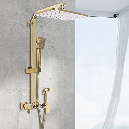 Duscharmatur-Set mit Handbrause, 2 Funktionen Grobventil und Duschverkleidung Kit Gold Gebürstet Bad Duschsystem Wandmontage Duscharmatur Set, 31.5x22cm Verstellbarem Stab Duschkopf und Kopfbrause