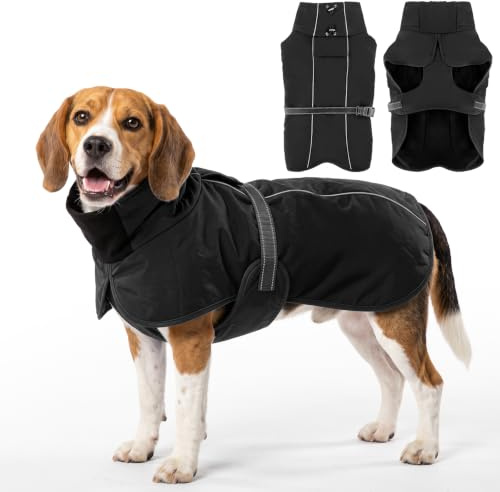 Pewkim Wintermantel Hund Wasserdicht, Warme Hundejacke Schwarz L | Hundemantel mit Fleecefutter, Leinenöffnung & D-Ring, reflektierend, winddicht & verstellbar für mittelgroße Hunde, 10–15 kg