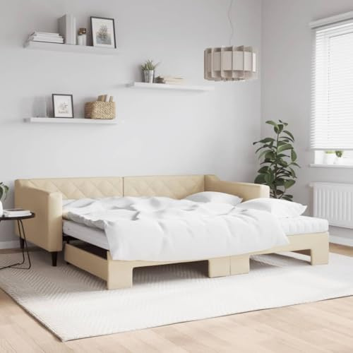 Massbinet Tagesbett Bett Ausziehbett Bettsofa Gästebett für Schlafzimmer Wohnzimmer Creme 100 x 200 cm-mit Bettkasten & Matratze