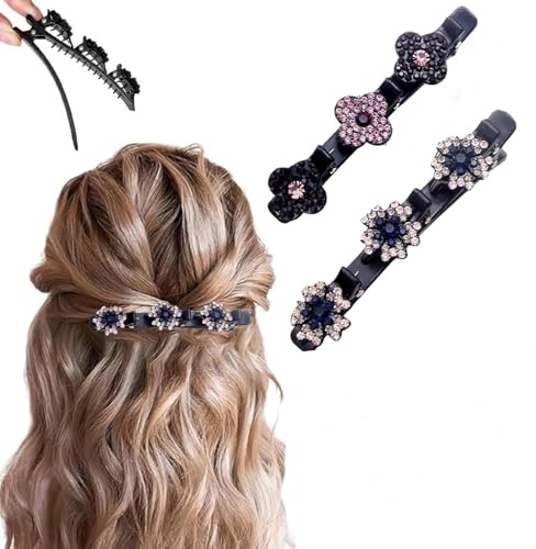 2 Pcs Sparkling Crystal Stone Braided Hair Clips, 2025 New Satin Fabric Hair Bands Rhinestone Four-Leaf Clover Hair Clip for Styling, Duck Bill Clips for Women Girls, Color Y