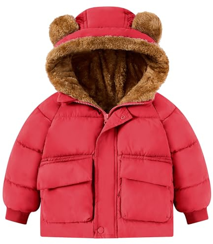SFreeBo Giacca invernale per neonati e bambini, con orecchie da orso di peluche, con cappuccio, in caldo pile, rossa, 6-12 mesi