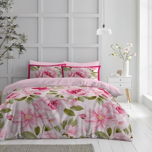 Lions Pink Floral Bedding Set - Microfibre Soft Printed Double Bed Duvet Cover with Matching Pillowcase - 100% Polyester Reversible Flowers Print Quilt Covers, 200x200cm