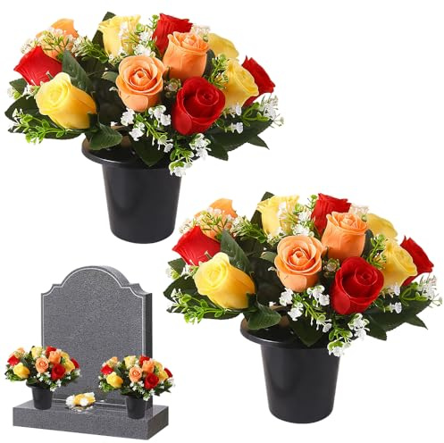 Artificial Flowers for Graves, 2pcs Grave Flower In Pot, 12 Heads Artificial Rose Fake Funeral Floral, Artificial Grave Flowers Pots, for Cemetery Decoration Home Decor Tribute and Commemoration