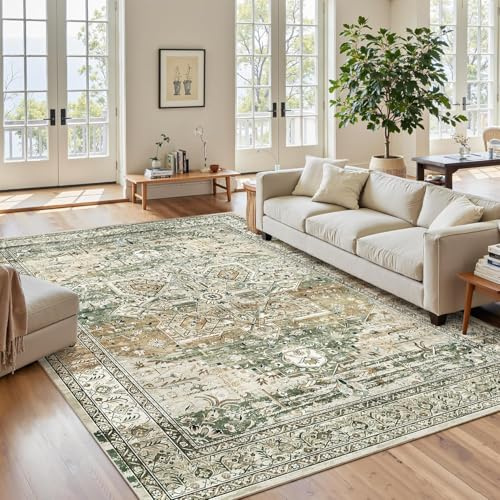 VARIKASHOM Kurzflor Teppich Großer Wohnzimmer Schlafzimmer, Waschbarer Wohnzimmerteppich,Vintage-Muster mit orientalischen Blumenmotiven Orange, Grün, Beige, Braun Grün, 200 x 300 cm