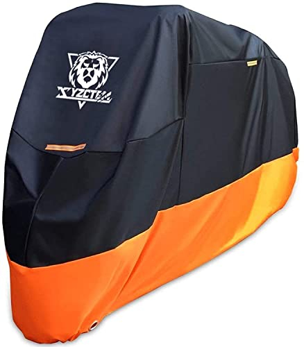 XYZCTEM Motorrad Abdeckung - All Season Wasserdicht Outdoor Schutz - Fit bis 116 Zoll Tourbikes, Choppers und Cruiser - Schutz vor Staub, Schmutz, Regen und Wetter (XXXL, schwarz&orange)