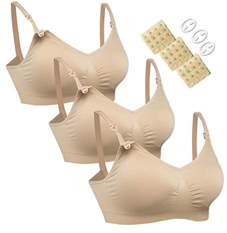 HOFISH Damen Still-BH 3er Pack – Nahtlos, Schwangerschaft & Stillzeit, Volle Abdeckung, mit BH-Verlängerungen & Clips, Beige, Größe XXL