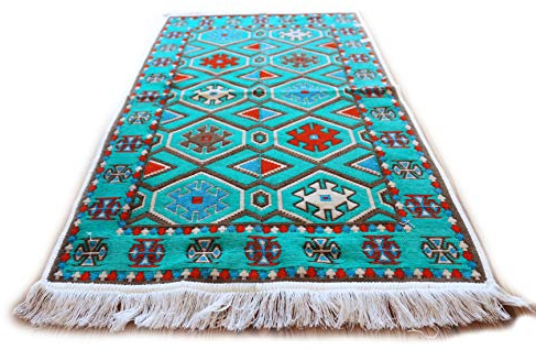 Damaskunst Teppich 65cm x 120 cm,Türkis Blau,Weiß Orange,Kelim Orient,Wand Teppich,Carpet, Rug,Waschbar, RS 1-2-20