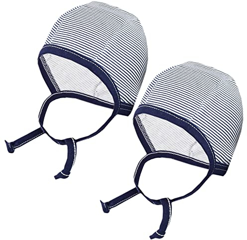 TupTam Bonnet pour Nouveau-né Filles Garçons, avec Cordon, Lot de 2, Rayé Bleu Foncé, 50-56