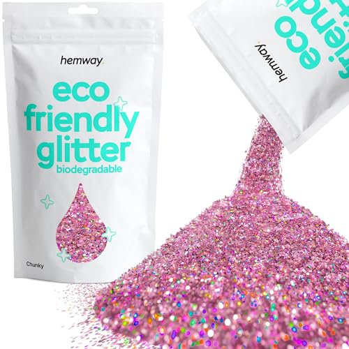 Hemway Eco Friendly Biodegradable Glitter - Rose Pink Holographic | 100g Chunky Plant-Based Metallic Flakes for Arts & Resin Crafts | Bio Supplies for Festival, Hair, Face, Body & Nail Art