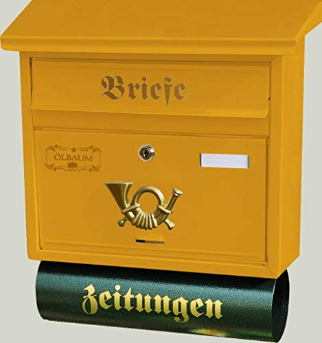 Vintage-Style Design Briefkasten, Motiv mit Zeitungsrolle antik, groß, Metall mit Lackierung, Flachdach mit Katalogeinwurf,