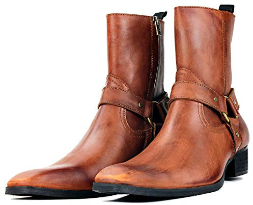 COWSDELLA =Stivali da uomo in pelle con suola in gomma Stivali da Moto da Motociclista Cowboy con cerniera Chukka Stivaletti Classico Tacco Alto &B21