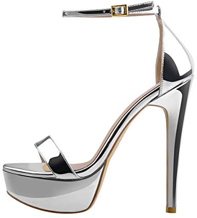 Only maker Damen Plateau Sandaletten Glitzer Metallic Sandalen Pumps Riemchensandalen High Heels Stiletto Silber 41 EU