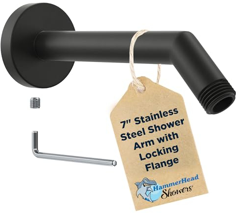 HammerHead Showers® ALL METAL 7 Zoll Duscharm und Flansch mit Stellschraube, Mattschwarz | Wandbogen Rohr und Abdeckplatte | Universal Ersatzteil für Duschköpfe
