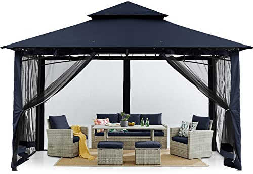 MASTERCANOPY 3 x 3,6 m Doppeldach Gartenpavillon Gartenlaube Pavillon mit 4 Netz für Garten, Hof, Marineblau