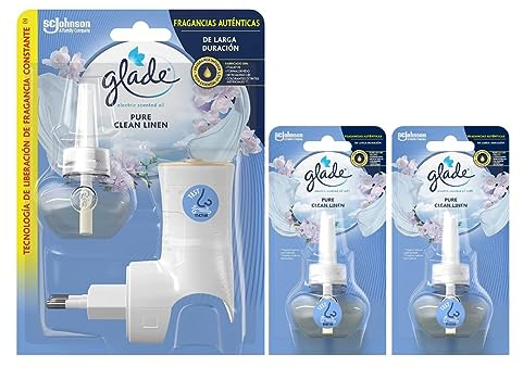 GLADE Ambientador Eléctrico Líquido Con Aceites Esenciales, Aroma Frescor De Ropa, Hasta 100 Días, Pack De Difusor