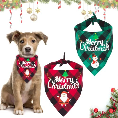 Weihnachts Hunde Bandana 2 Stück, Kopftücher Hundehalstuch, Doppelseitiger klassischer Frohe Weihnachten-Druck, Geschenkset - Haustier-Urlaubszubehör Dekoration für kleine bis große Hündchen Katzen